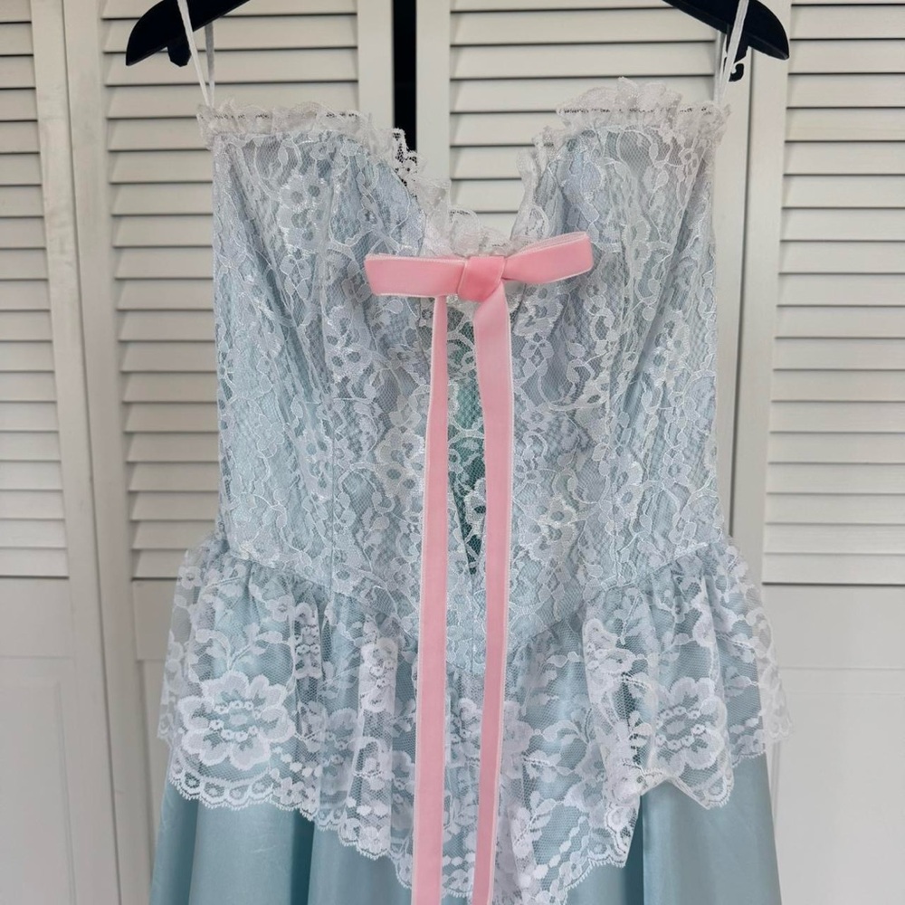Gunne Sax Light Blue Lace Bodice Midi Dress with Pink Ribbon - Picture 3 of 5